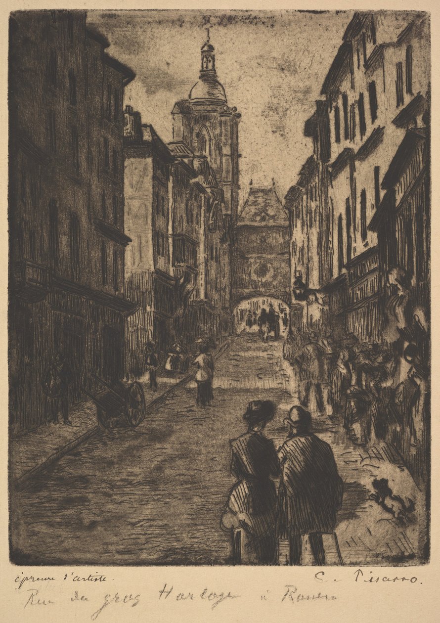The Street of the Grand Clock, Rouen, 1885. av Camille Jacob Pissarro