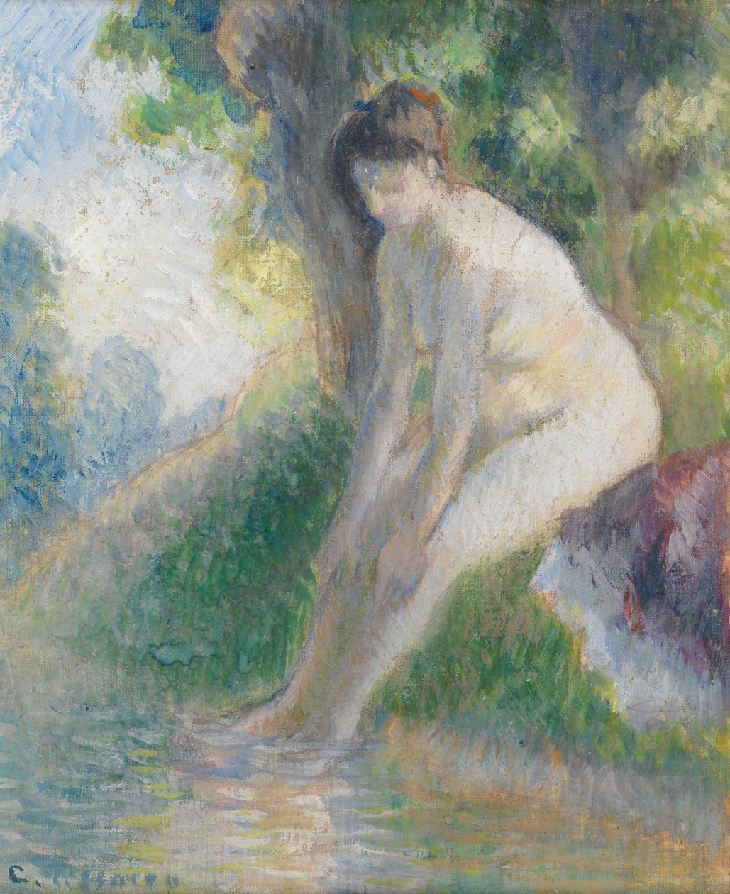 Kvinne sitter på Bank of Stream, ca. 1895 (gouache om bord) av Camille Pissarro