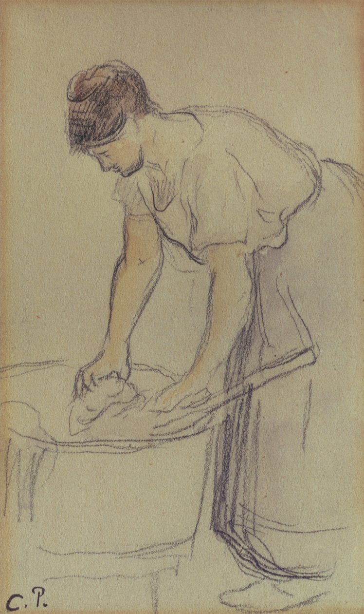 Kvinne vasker klesvask (akvarell og blyant på papir) av Camille Pissarro