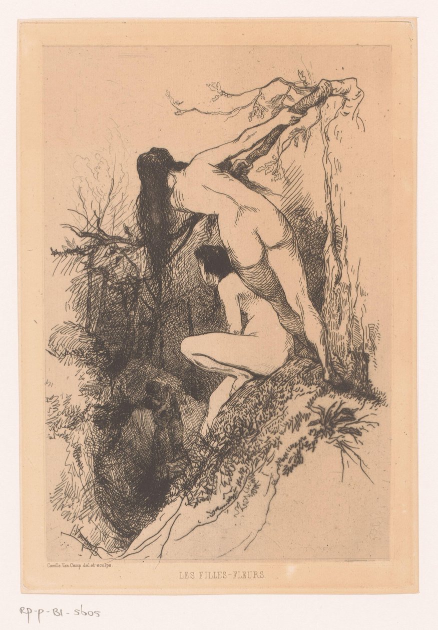 To nakne kvinner spionerer på et kyssende par Les filles-fleurs (tittel på objekt) av Camille Van Camp