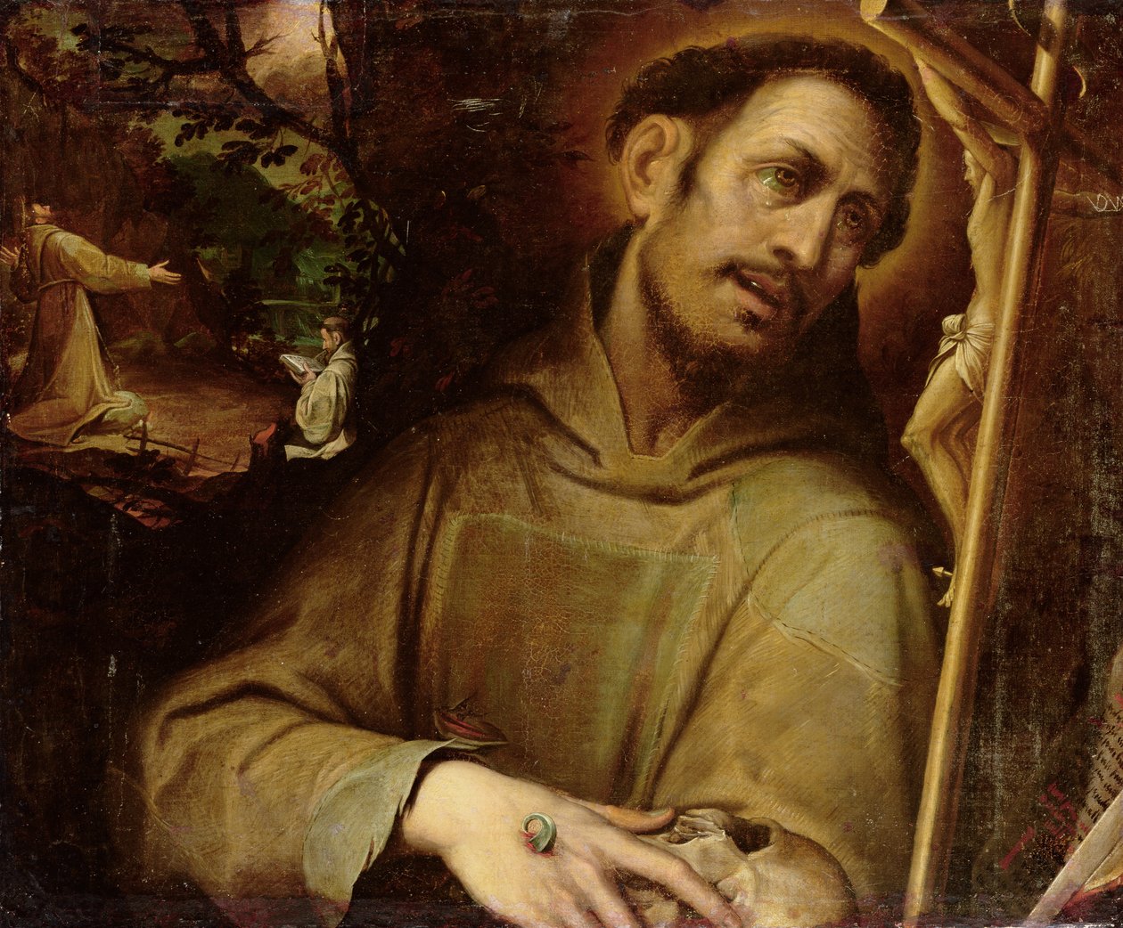 Saint Francis Adoring the Cross with the Stigmatisation of Saint Francis Beyond (oil on canvas) av Camillo (after) Procaccini