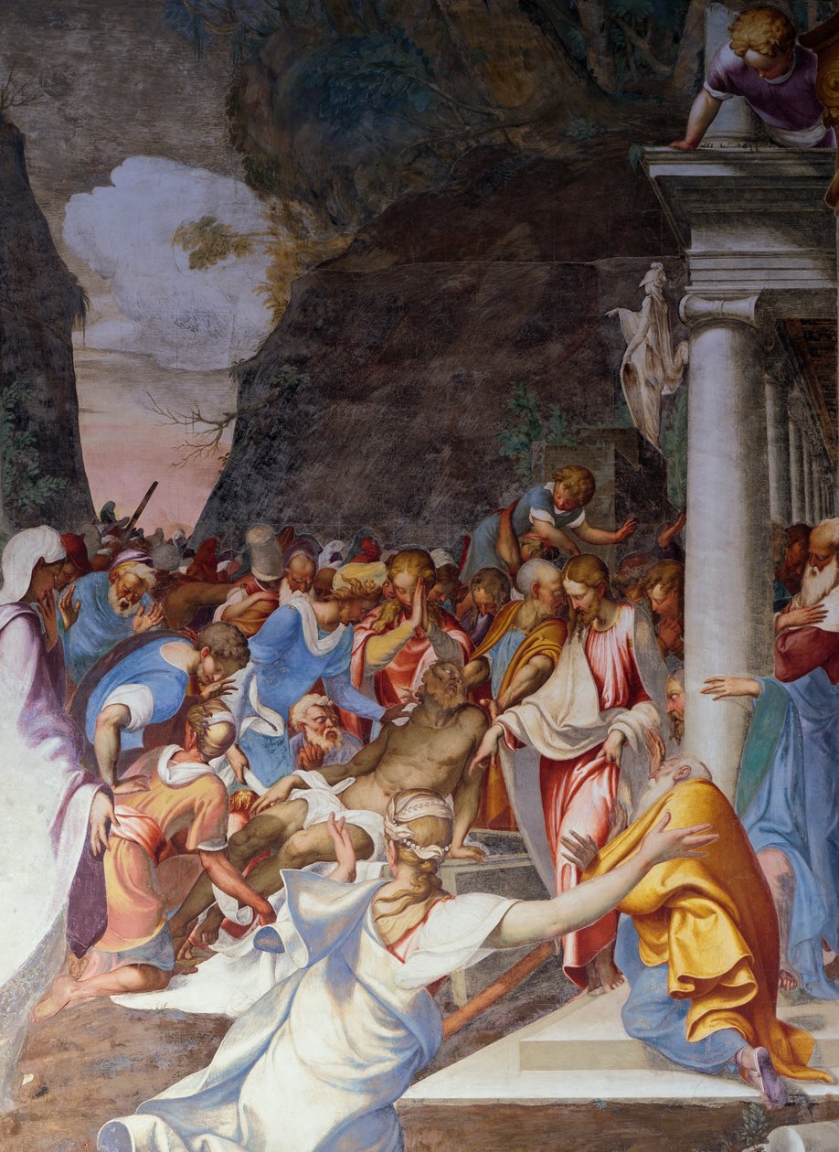 Resurrection of Lazarus, freskomaleri av Camillo Boccaccino (1501-1546), Church of Saint Sigismondo, Cremona, Lombardia, Italia av Camillo Boccaccino