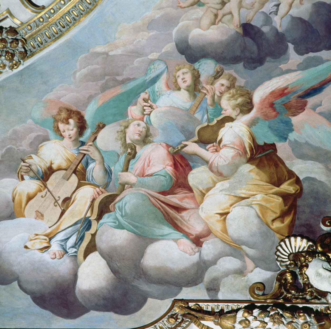 Detalj av englemusikere fra hvelvet til koret (fresco) av Camillo Procaccini