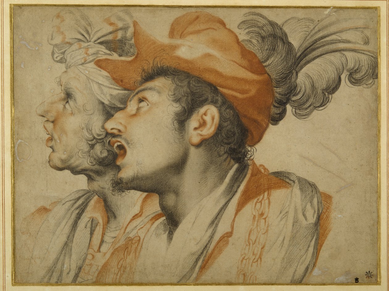 Grotesquerie av to fasjonabelt kledde menn som synger (svart og rødt kritt på hvitt papir) av Camillo Procaccini