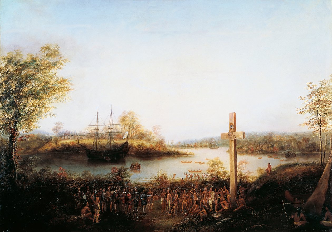 Jacques Cartier (1491-1557) reiser korset ved Stadacona der byen Quebec nå ligger av Canadian School