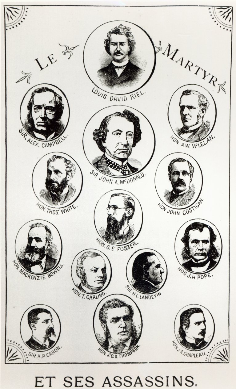 Louis Riel (1844-85) og leiemorderne hans, illustrasjon fra Le Gibet de Regina, publisert 1886 av Canadian School