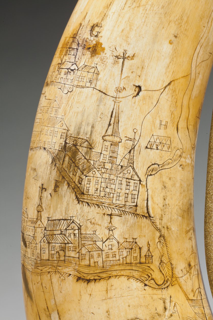 Pulverhorn, gravert med et kart over St. Lawrence River i området Quebec, ca. 1759 av Canadian School