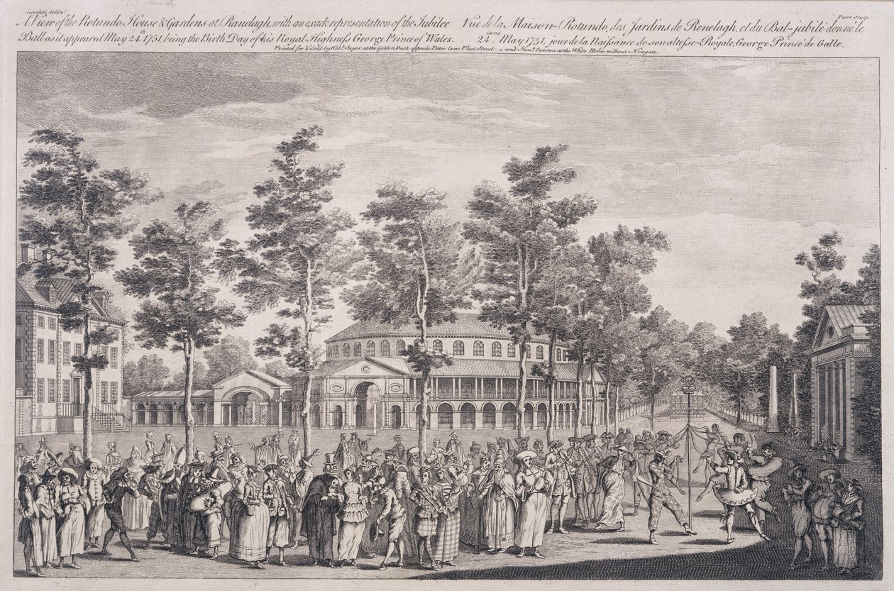 Utsikt over Rotunda, Ranelagh House, ved et ball for å feire bursdagen til HRH, Prince of Wales, 24. mai 1751, gravert av Parr av Canaleti