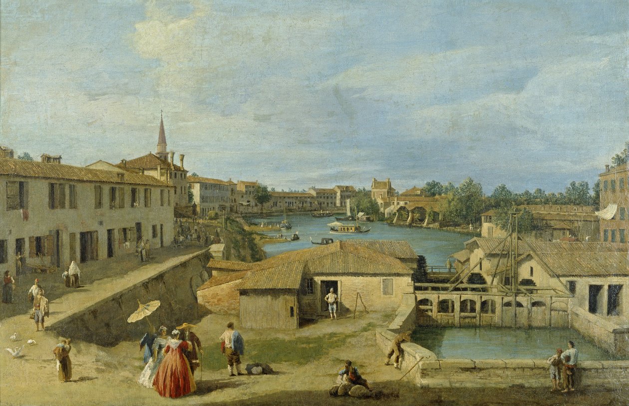En utsikt over Dolo på Brenta-kanalen, ca. 1725-29 av Giovanni Antonio Canal
