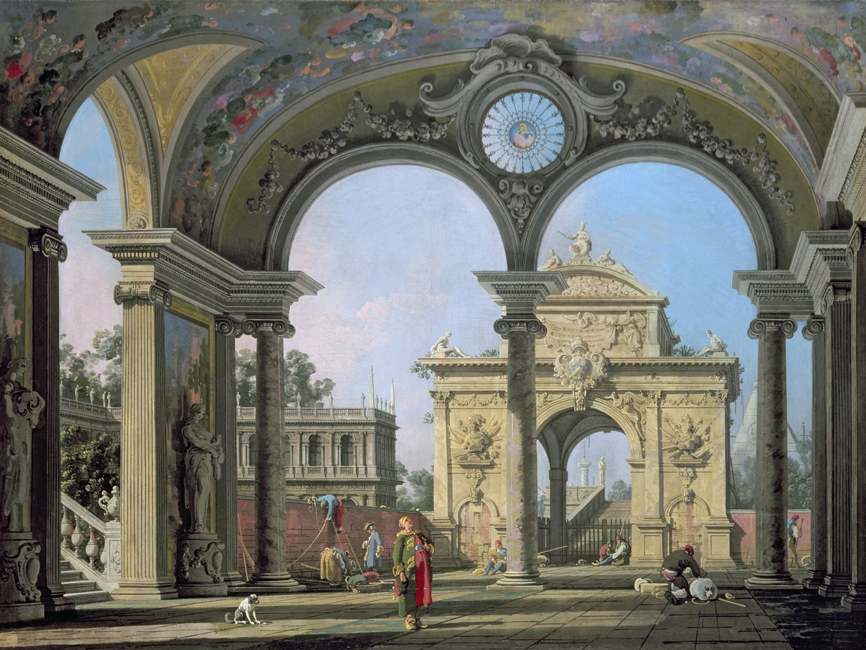 Capriccio av en triumfbue sett gjennom en utsmykket buegang, ca. 1750 av Giovanni Antonio Canal