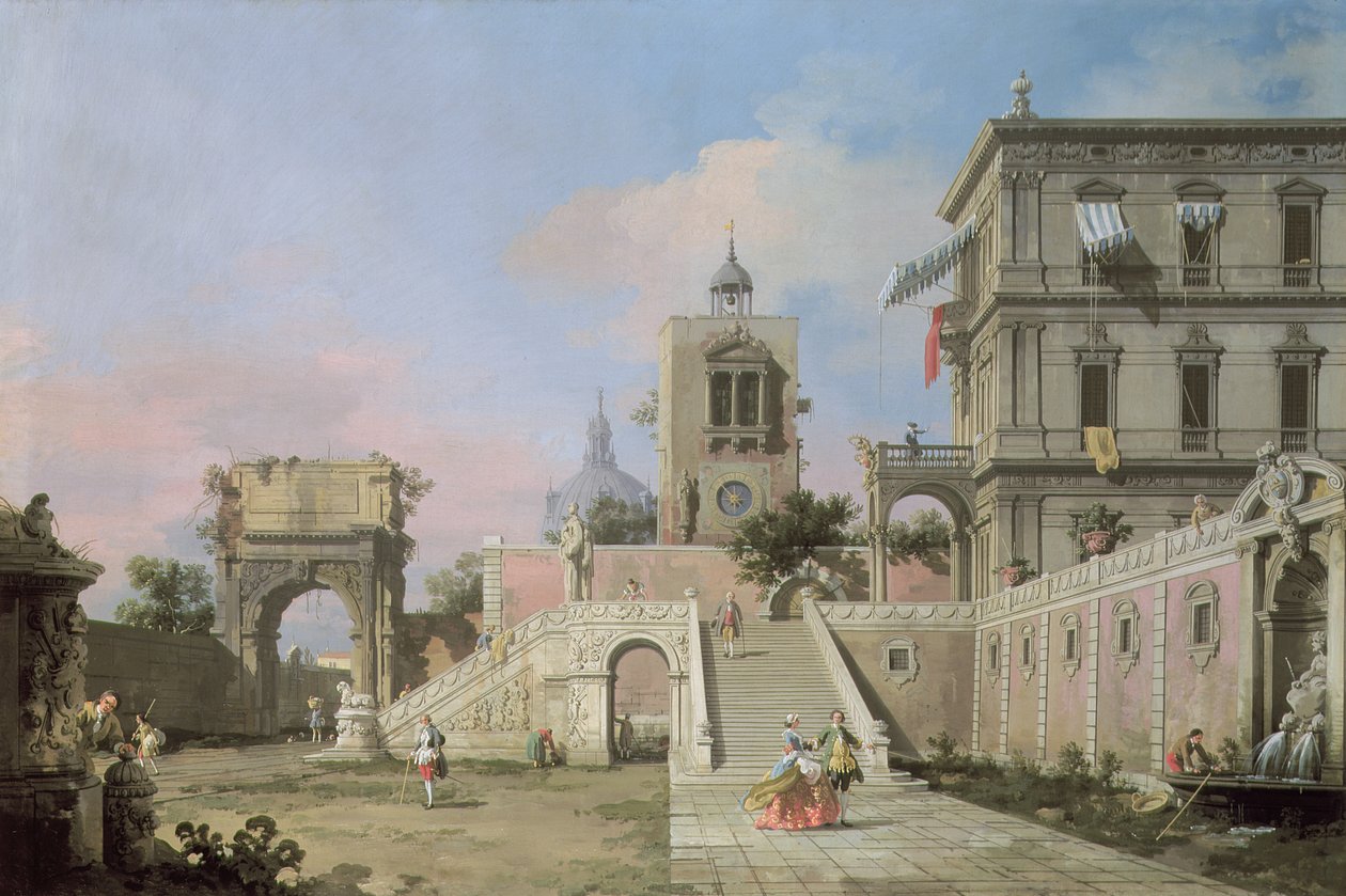 Capriccio av to trappetrinn som fører til et palass, ca. 1750 av Giovanni Antonio Canal