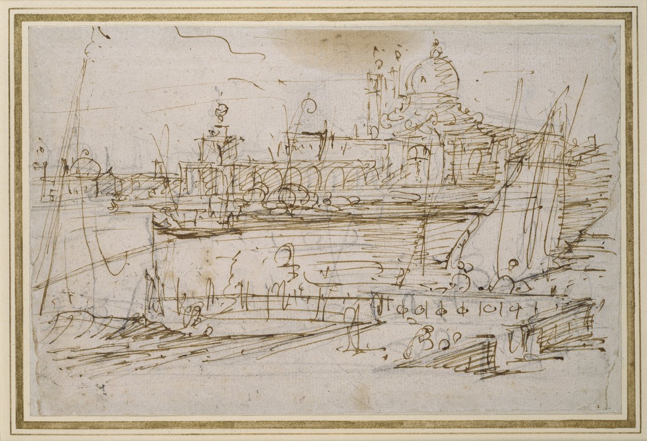 Venezia: Dogana og S. Maria della Salute fra Molo di Terranova (penn og brunt blekk over svart kritt) av Giovanni Antonio Canal