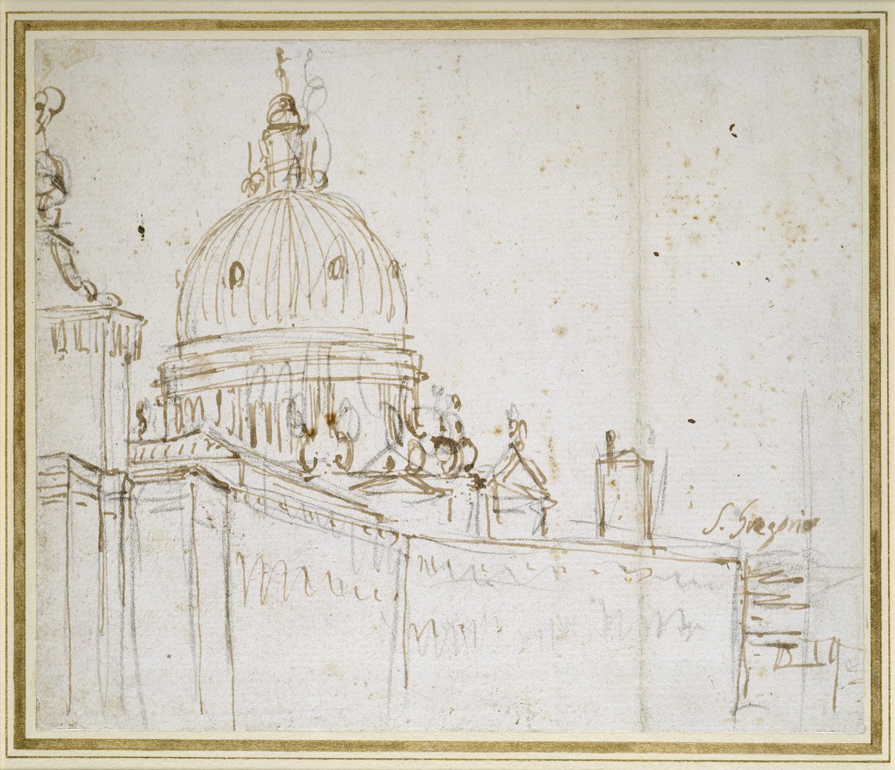 Venezia: Dogana di Mare og S. Maria della Salute (penn og brunt blekk over svart kritt) av Giovanni Antonio Canal