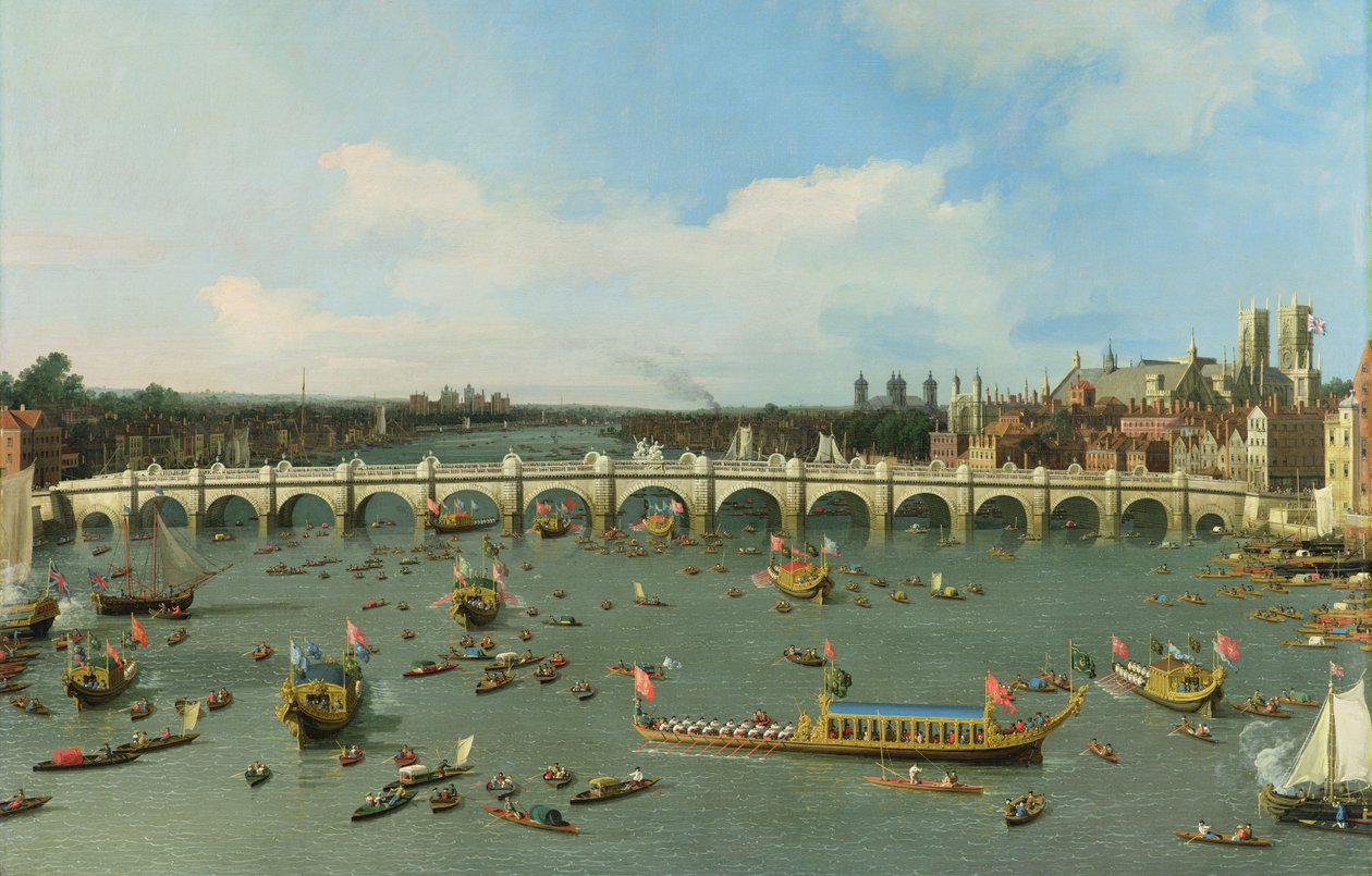Westminster Bridge, London, med Lord Mayors prosesjon på Themsen (detalj av 118509) av Giovanni Antonio Canal