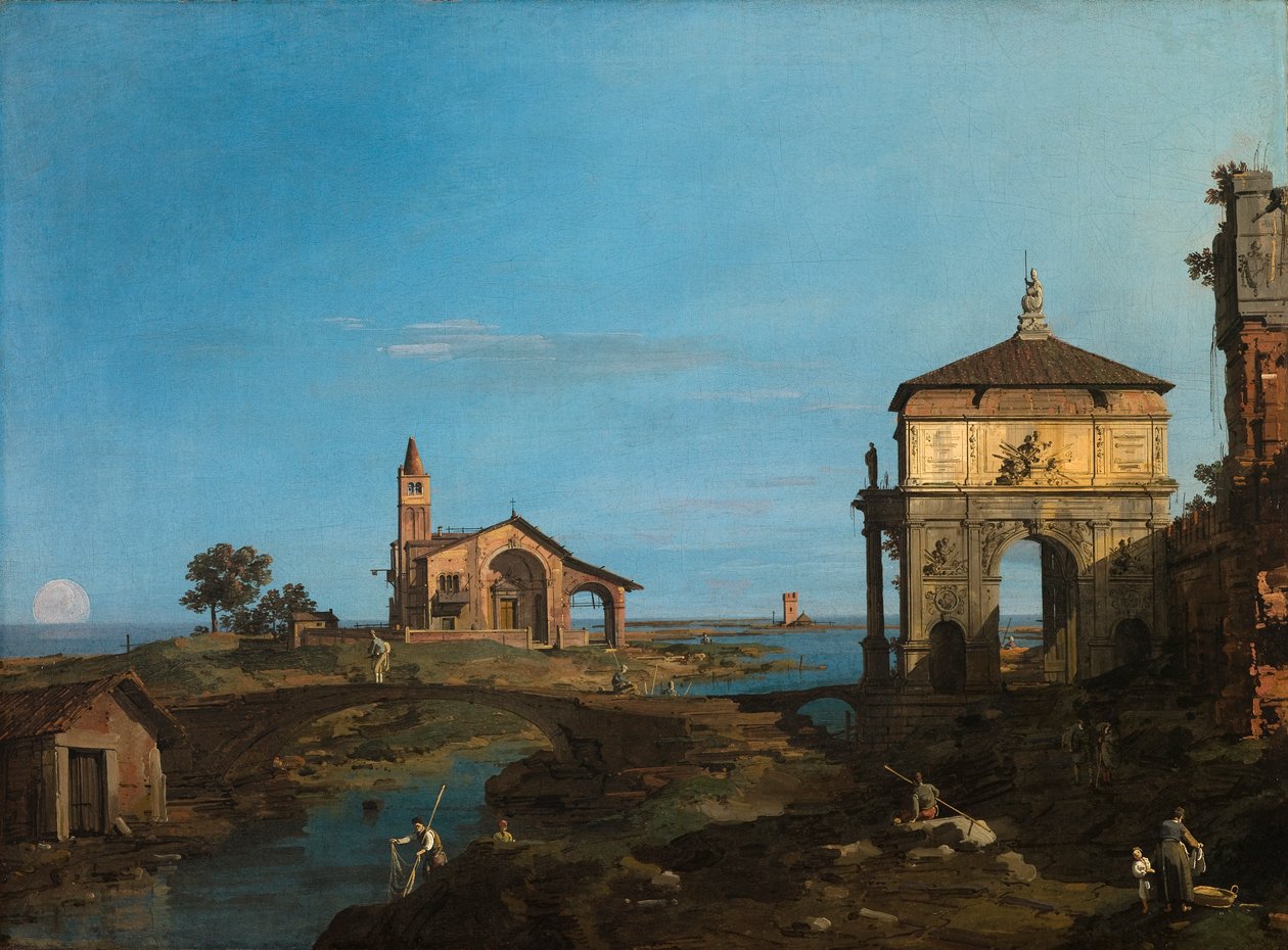 En øy i lagunen med en port og en kirke av Canaletto (Giovanni Antonio Canal)