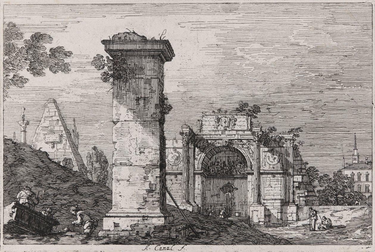 Landskap med ødelagte monumenter, fra serien Vedute (Views) av Canaletto (Giovanni Antonio Canal)