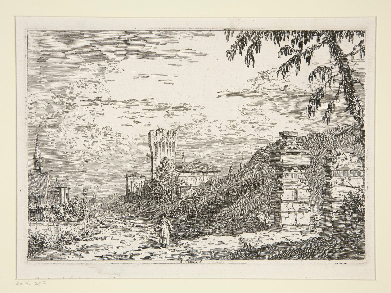 Landskap med tårn og to ødelagte søyler, fra serien Vedute (Views) av Canaletto (Giovanni Antonio Canal)