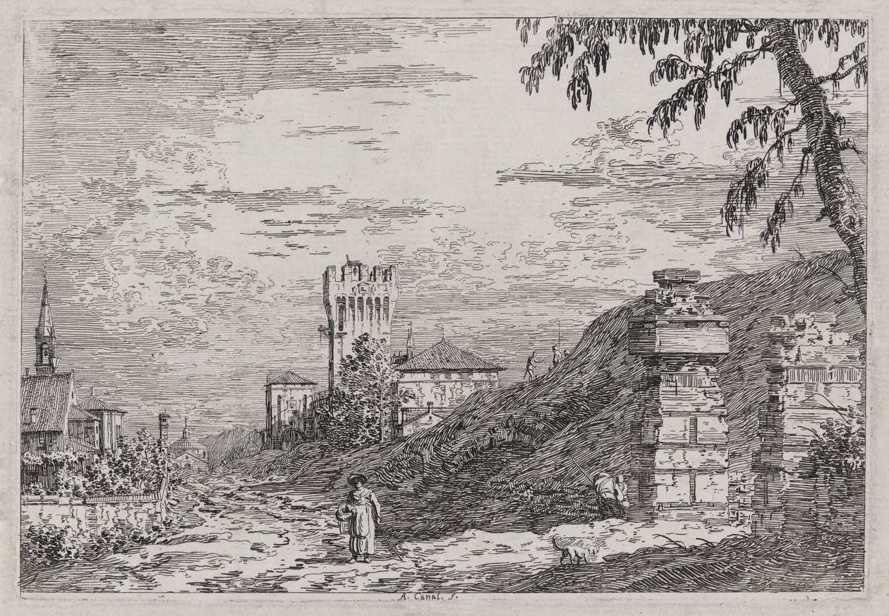 Landskap med tårn og to ødelagte søyler, fra serien Vedute (Views) av Canaletto (Giovanni Antonio Canal)