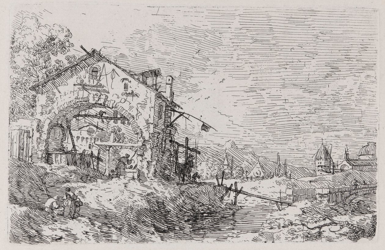 Landskap med en kvinne ved en brønn, fra serien Vedute (Views) av Canaletto (Giovanni Antonio Canal)