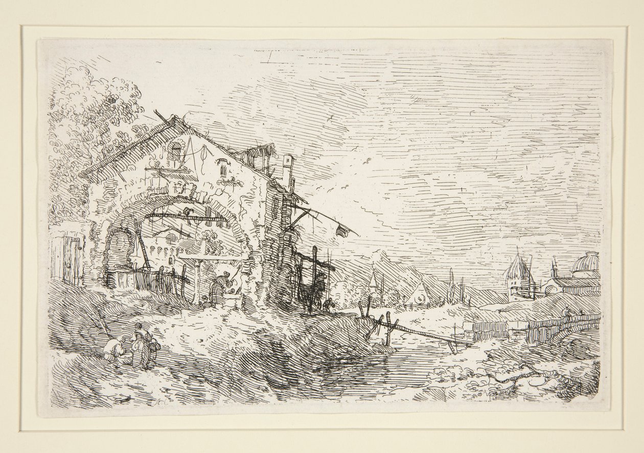 Landskap med en kvinne ved en brønn, fra serien Vedute (Views) av Canaletto (Giovanni Antonio Canal)