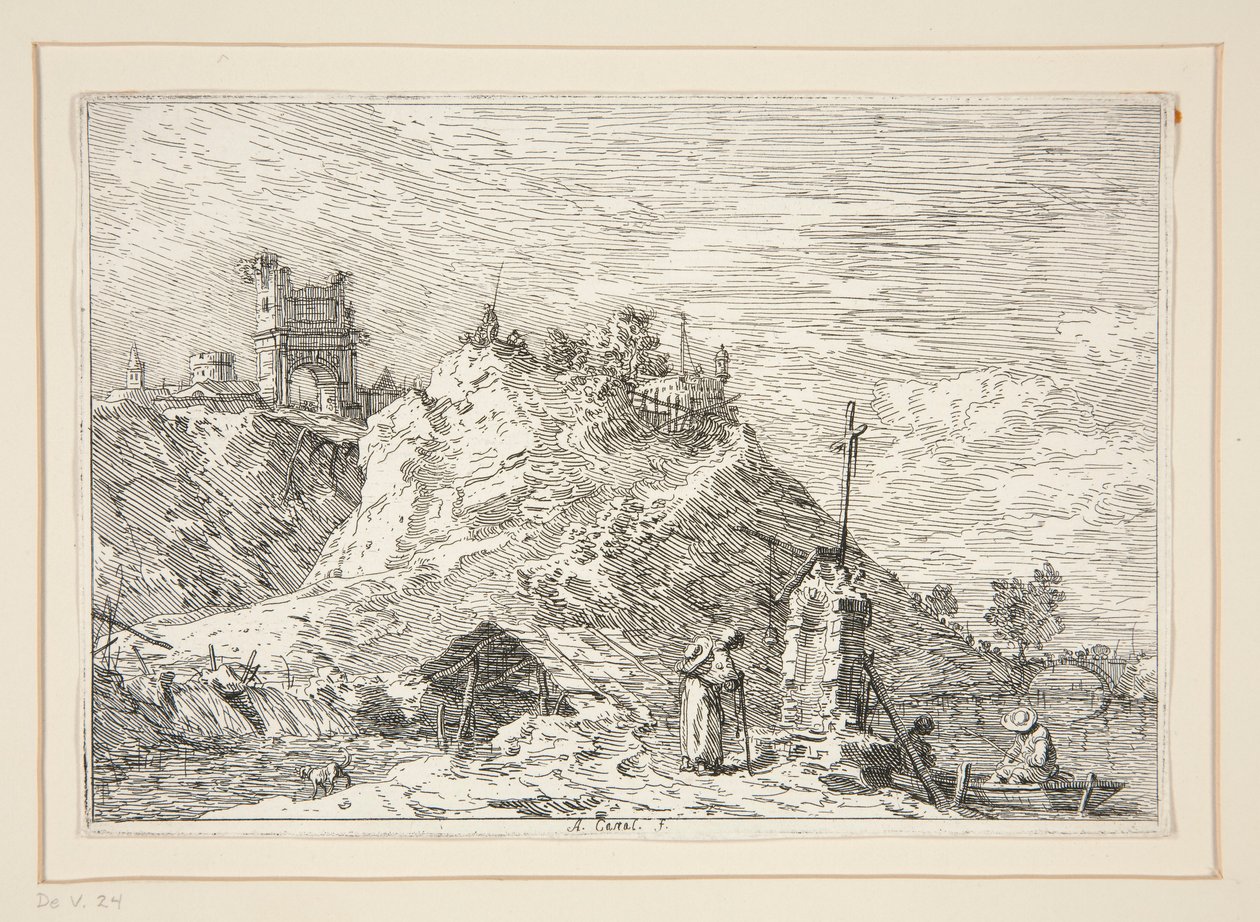 Landskap med pilegrimen ved bønn, fra serien Vedute (Views) av Canaletto (Giovanni Antonio Canal)