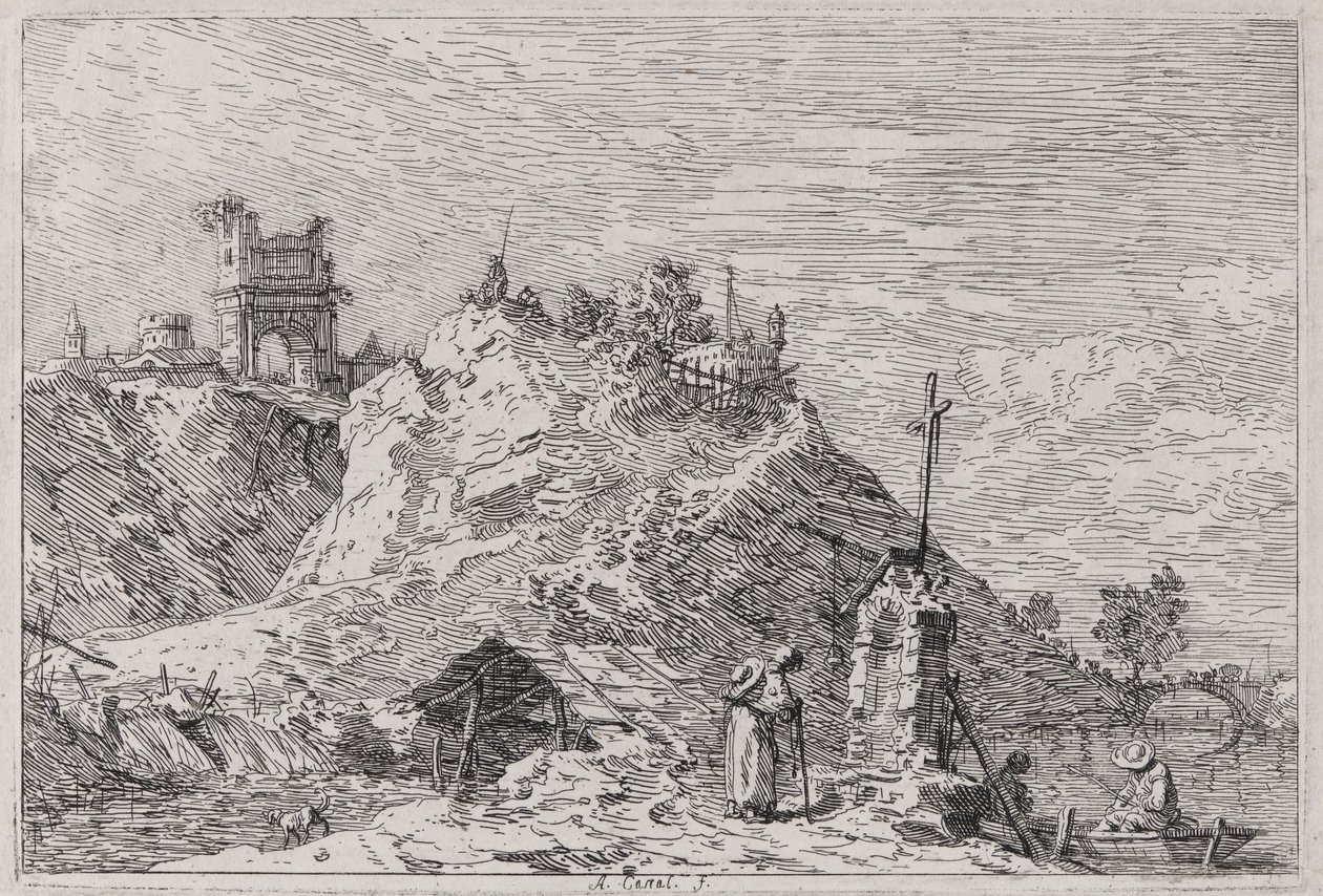 Landskap med pilegrimen ved bønn, fra serien Vedute (Views) av Canaletto (Giovanni Antonio Canal)