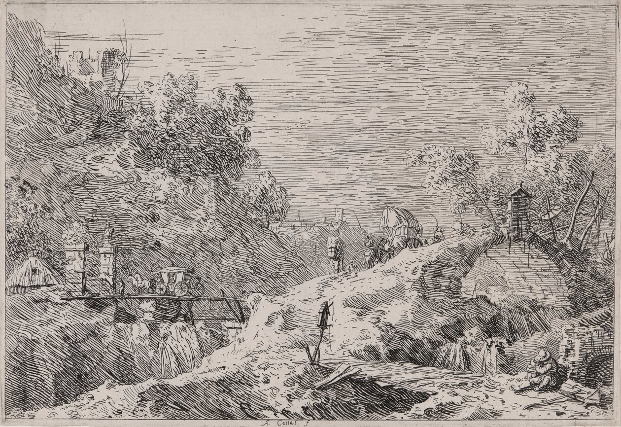 Fjelllandskap med fem broer, fra serien Vedute (Views) av Canaletto (Giovanni Antonio Canal)