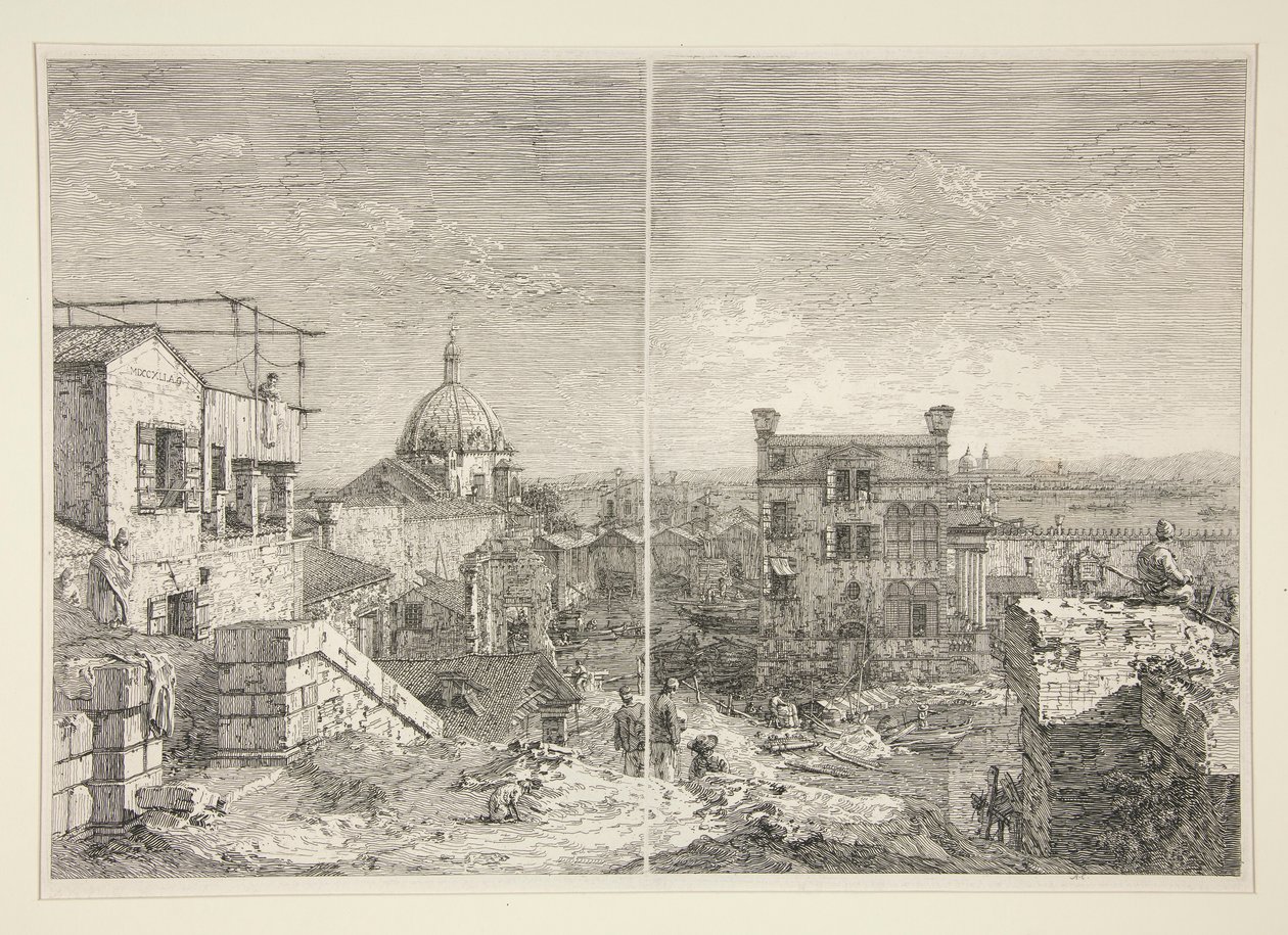 Huset med inskripsjonen: MDCCXLI. A. C. [og] Huset med peristilen og seks kolonner, fra serien Vedute (Views) av Canaletto (Giovanni Antonio Canal)