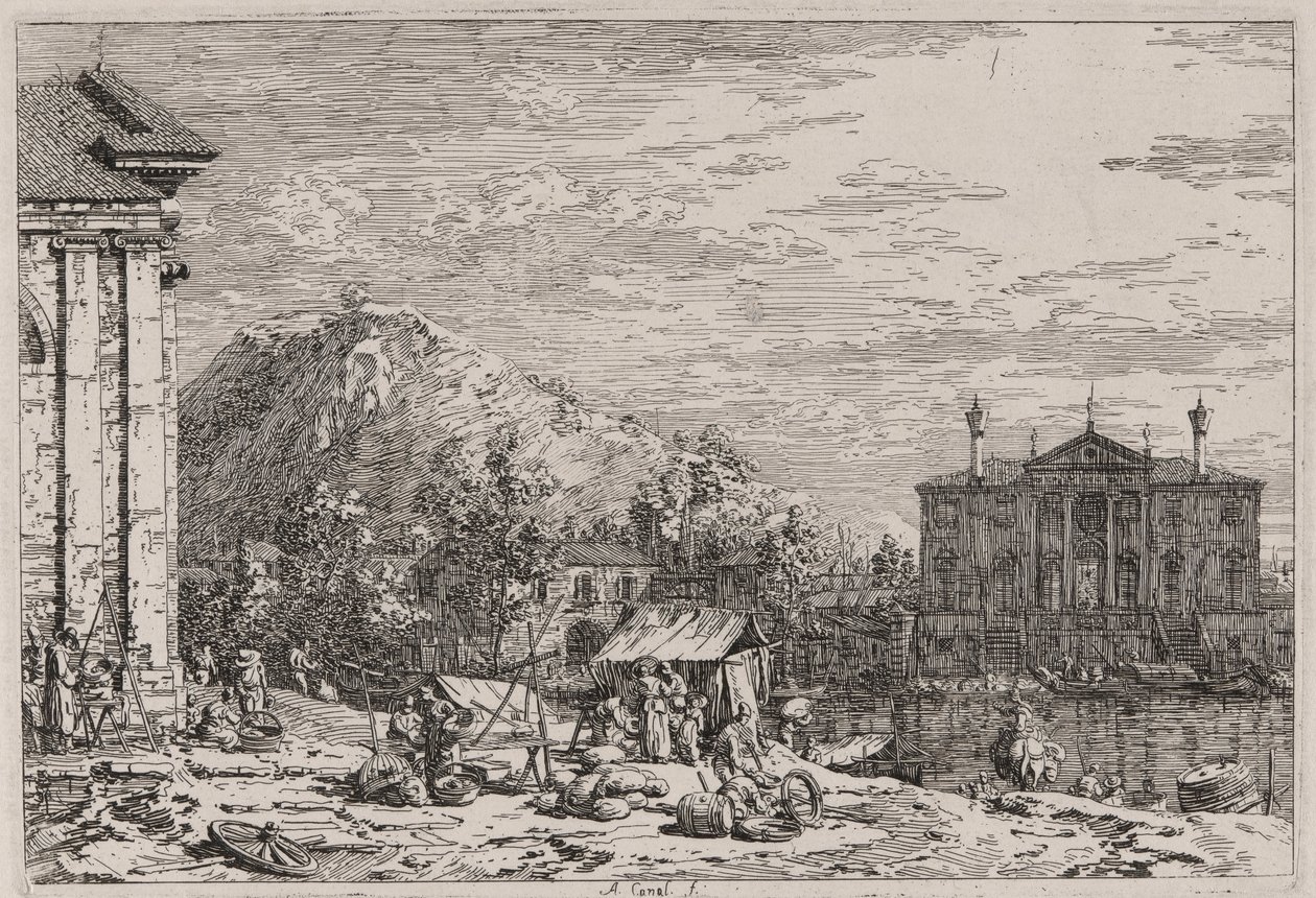 The Market at Dolo, fra serien Vedute (Views) av Canaletto (Giovanni Antonio Canal)