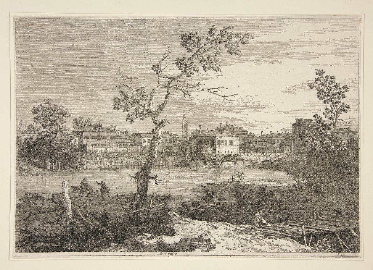 Utsikt over en by på en elvebredd, fra serien Vedute (Views) av Canaletto (Giovanni Antonio Canal)
