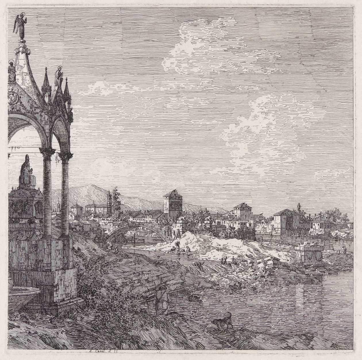 Utsikt over en by med en biskop av Canaletto (Giovanni Antonio Canal)