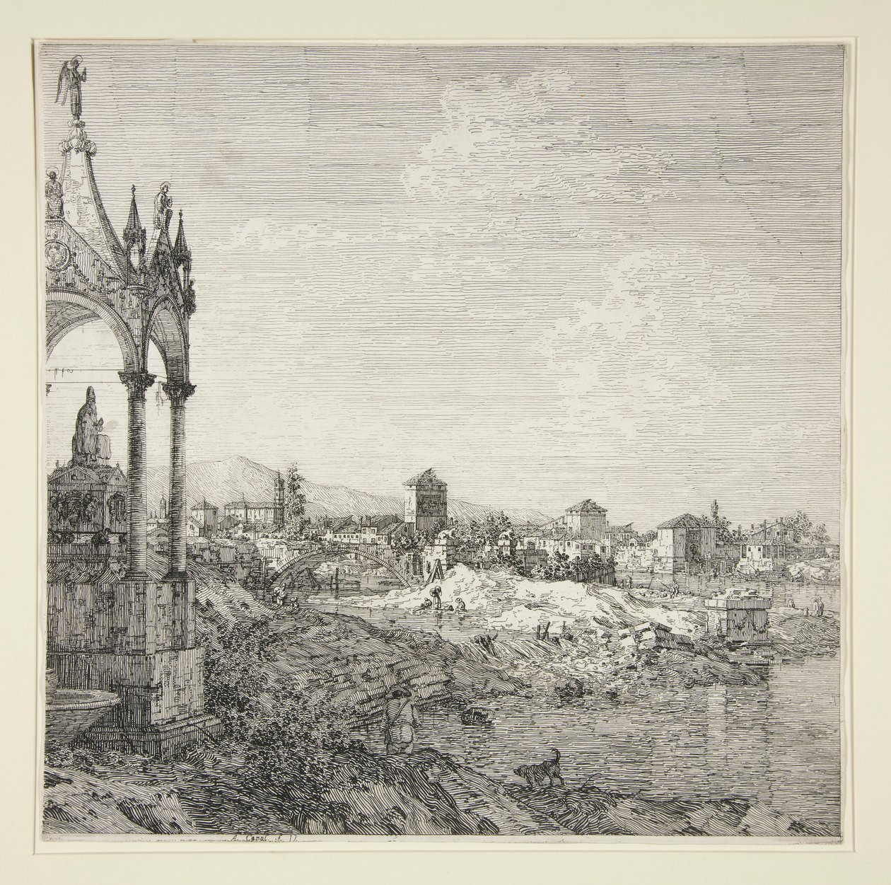 Utsikt over en by med en biskop av Canaletto (Giovanni Antonio Canal)