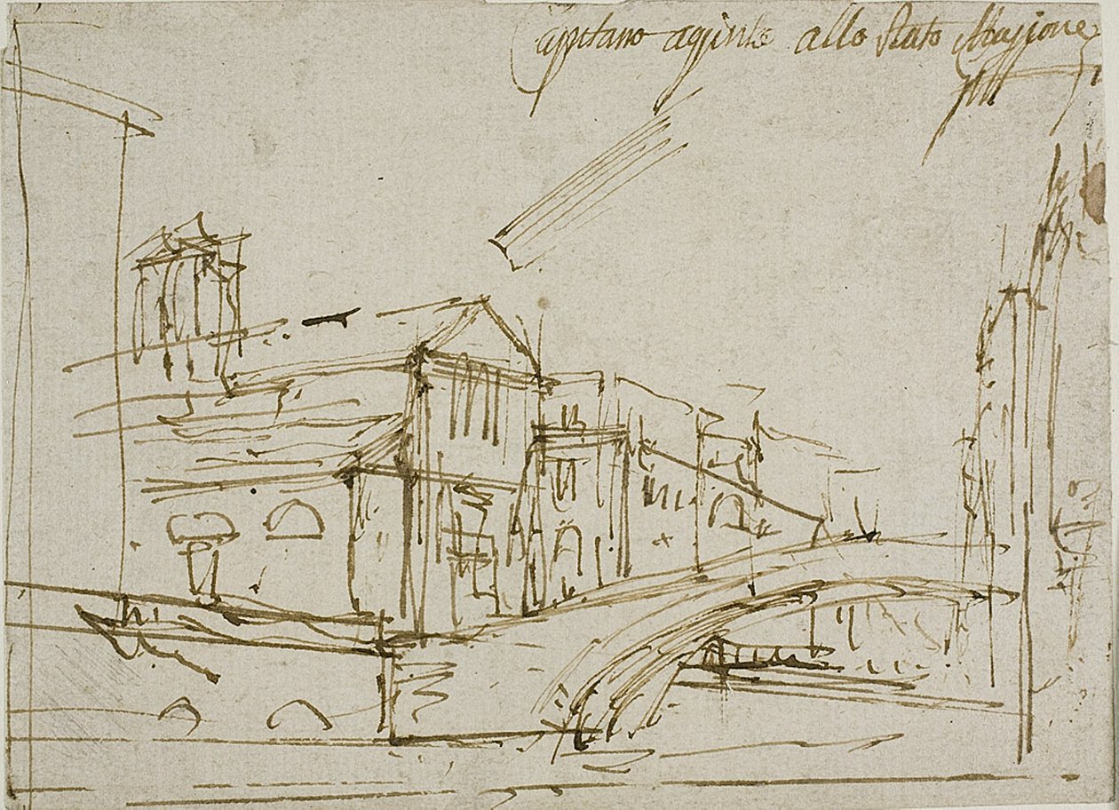 En bro nær en kirke i Venezia av Canaletto