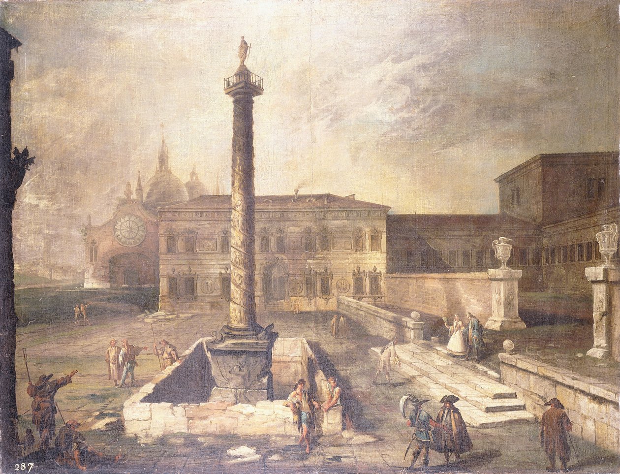 En Capriccio av en Piazza foran et palass med kolonnen til Marcus Aurelius, av Giovanni Antonio Canal