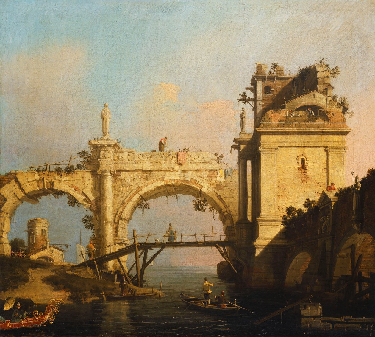 En Capriccio av en ødelagt renessansearkade og paviljong ved en vannvei krysset av en gangbro av tre, en orientaler i en eksotisk dekorert båt i forgrunnen, av Giovanni Antonio Canal