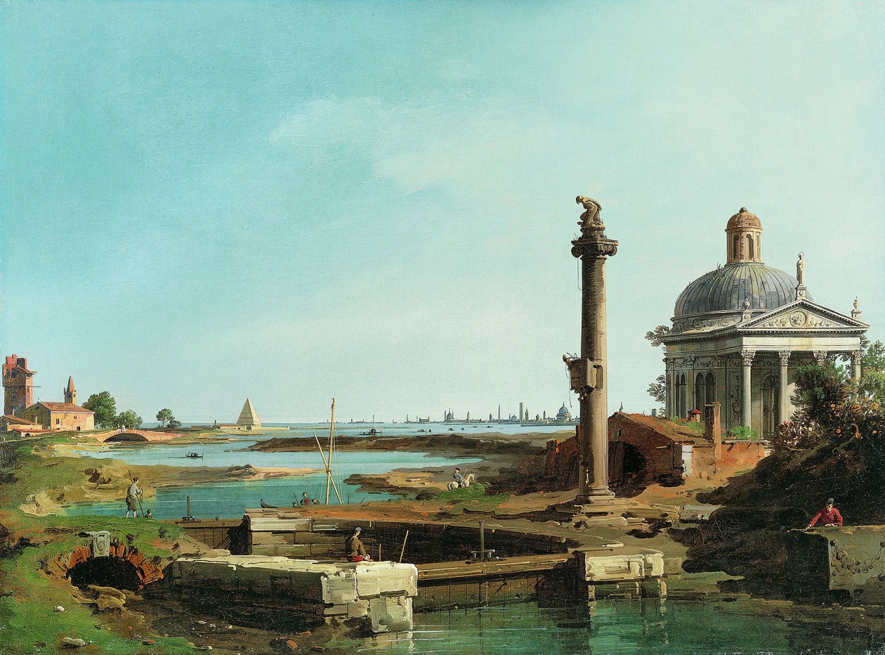 En lås, en søyle og en kirke ved siden av en lagune. av Giovanni Antonio Canal