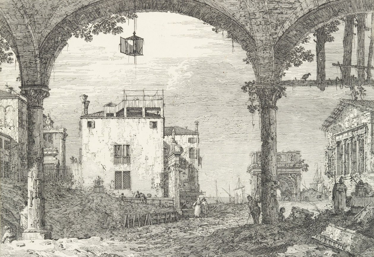 En trebuet portiko med en åpen lanterne hengende i midten, en triumfbue og rui..., 1735-46. av Canaletto