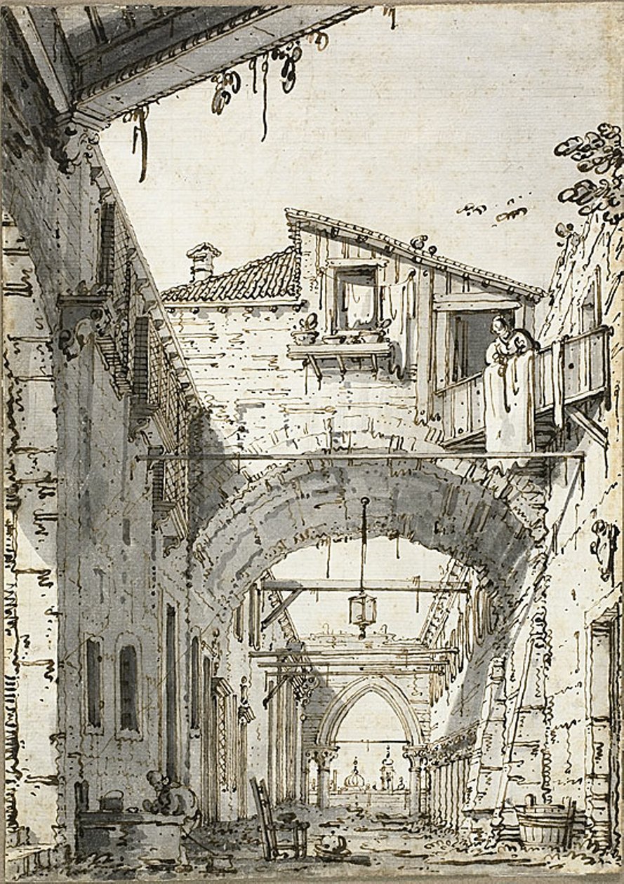 Capriccio: A Street Crossed by Arches (recto) Skisser av døråpning, trapp og bygningens andre etasje(verso) av Canaletto