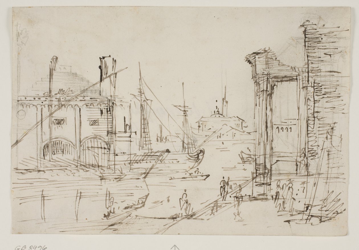 Capriccio med klassiske ruiner på en kai, et naust, to bysser, to master på et seilskute bak seg, en kuppelkirke i bakgrunnen av Canaletto