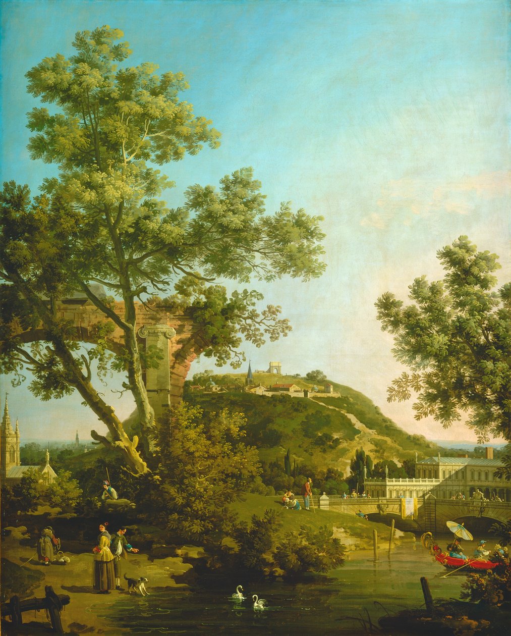 Engelsk landskap Capriccio med et palass av Canaletto