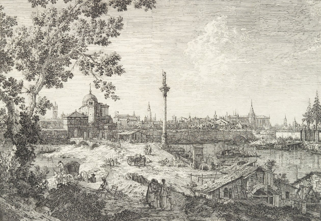 Imaginary View of Padua, med en campanile og kuppelkirke til venstre, en kolonne oversteget..., 1735-46. av Canaletto