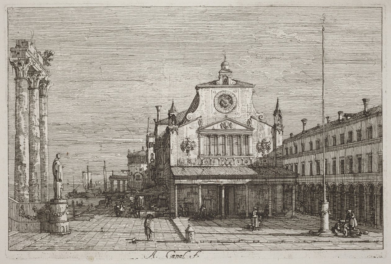 Fantasiutsikt over S. Giacomo di Rialto [øverst til høyre] av Canaletto