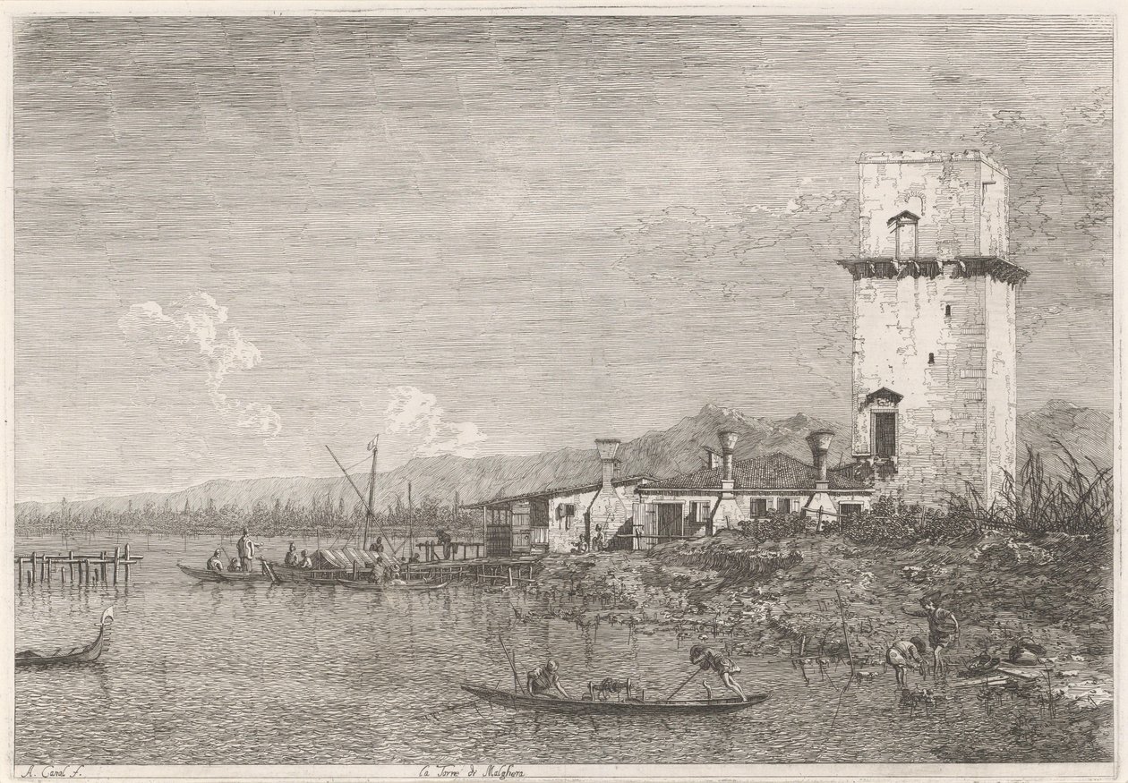 La Torre di Malghera Ansikter på eksisterende og oppfunne steder (serietittel) Vedute altre prese da i Luoghi altre ideate av Antonio Canal (serietittel) av Canaletto