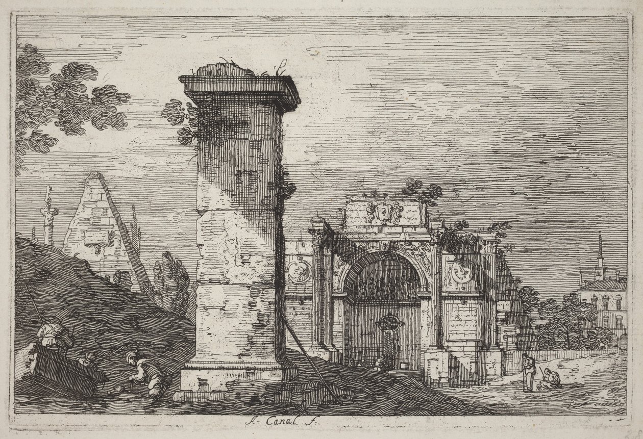 Landskap med ruinerte monumenter av Canaletto