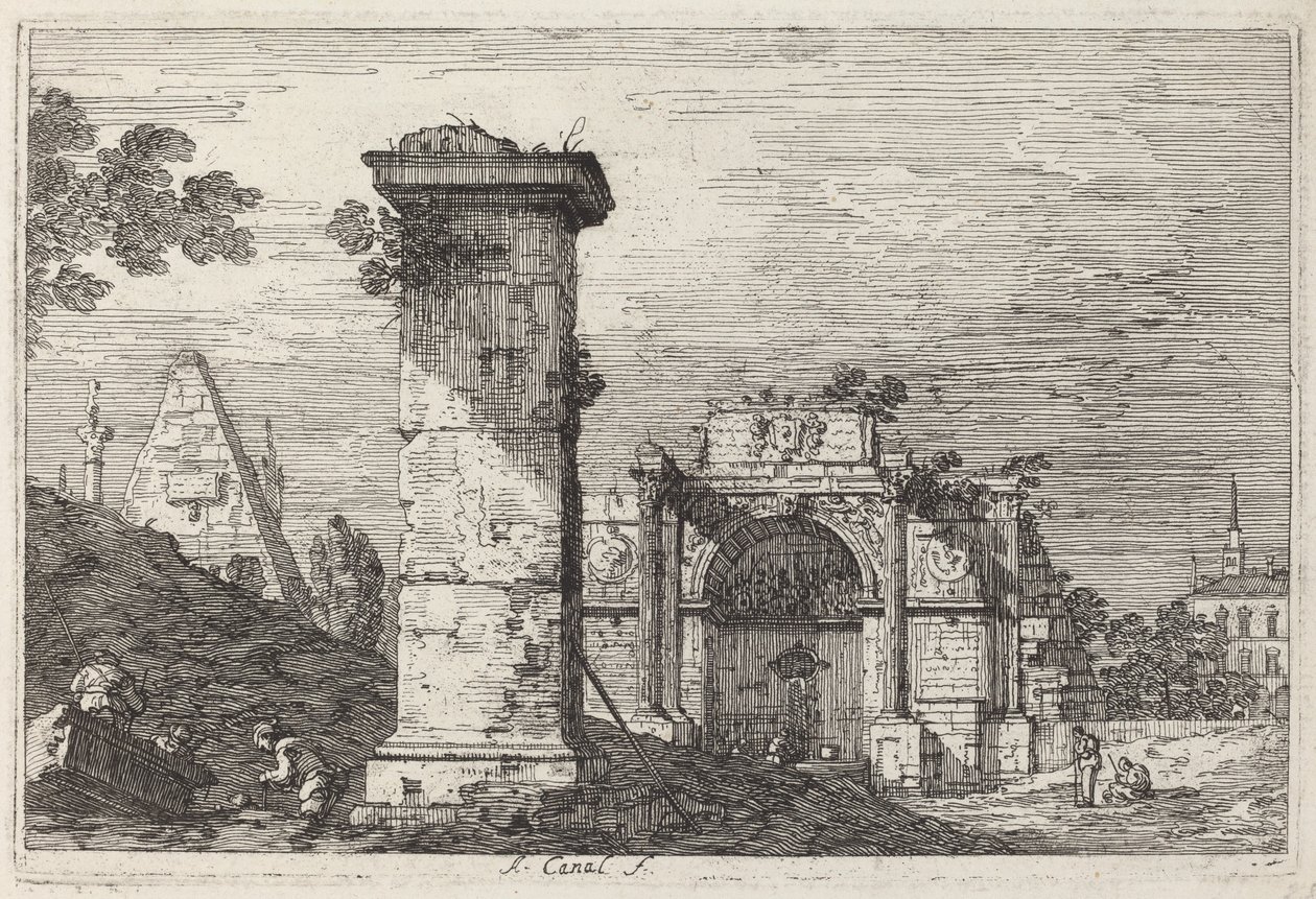 Landskap med ødelagte monumenter, ca. 1740. av Canaletto