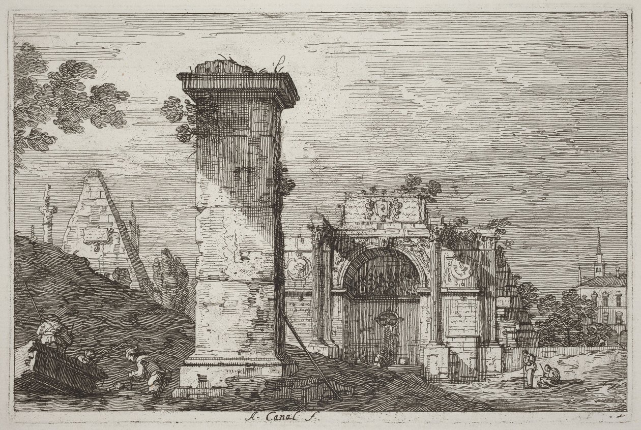 Landskap med ruinerte monumenter [til høyre] av Canaletto