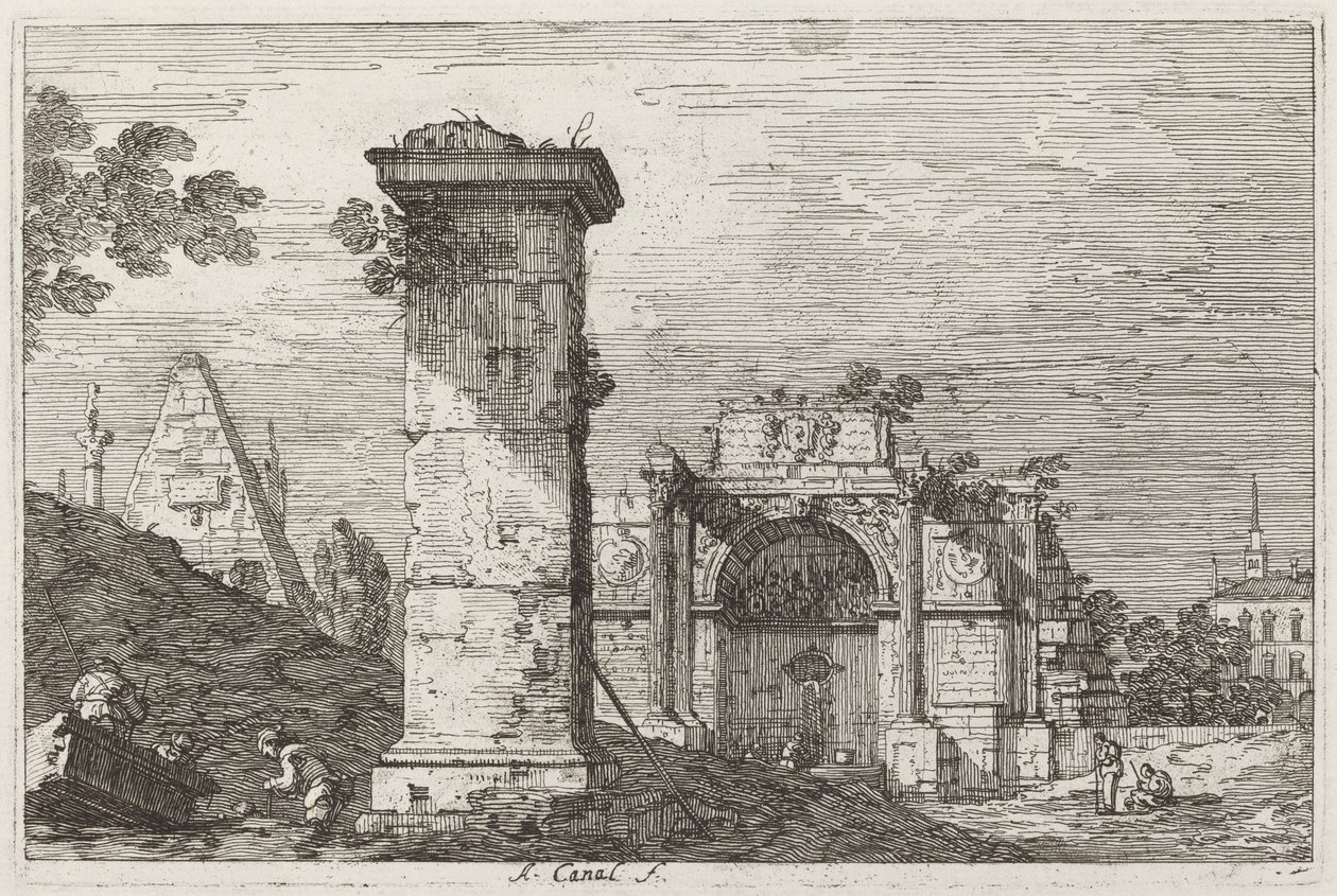 Landskap med ødelagte monumenter [til høyre], ca. 17351746. av Canaletto