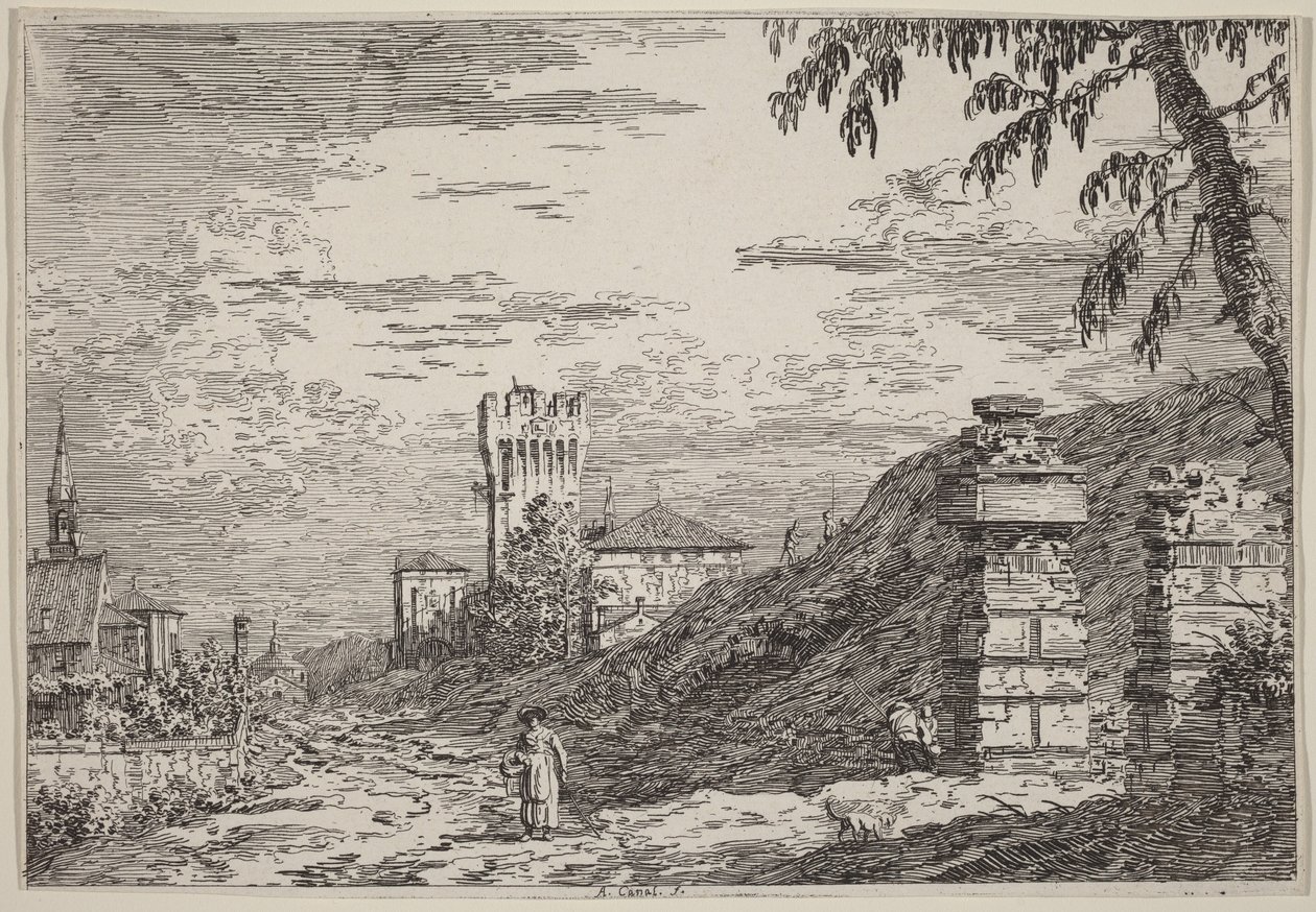 Landskap med tårn og to ødelagte søyler av Canaletto