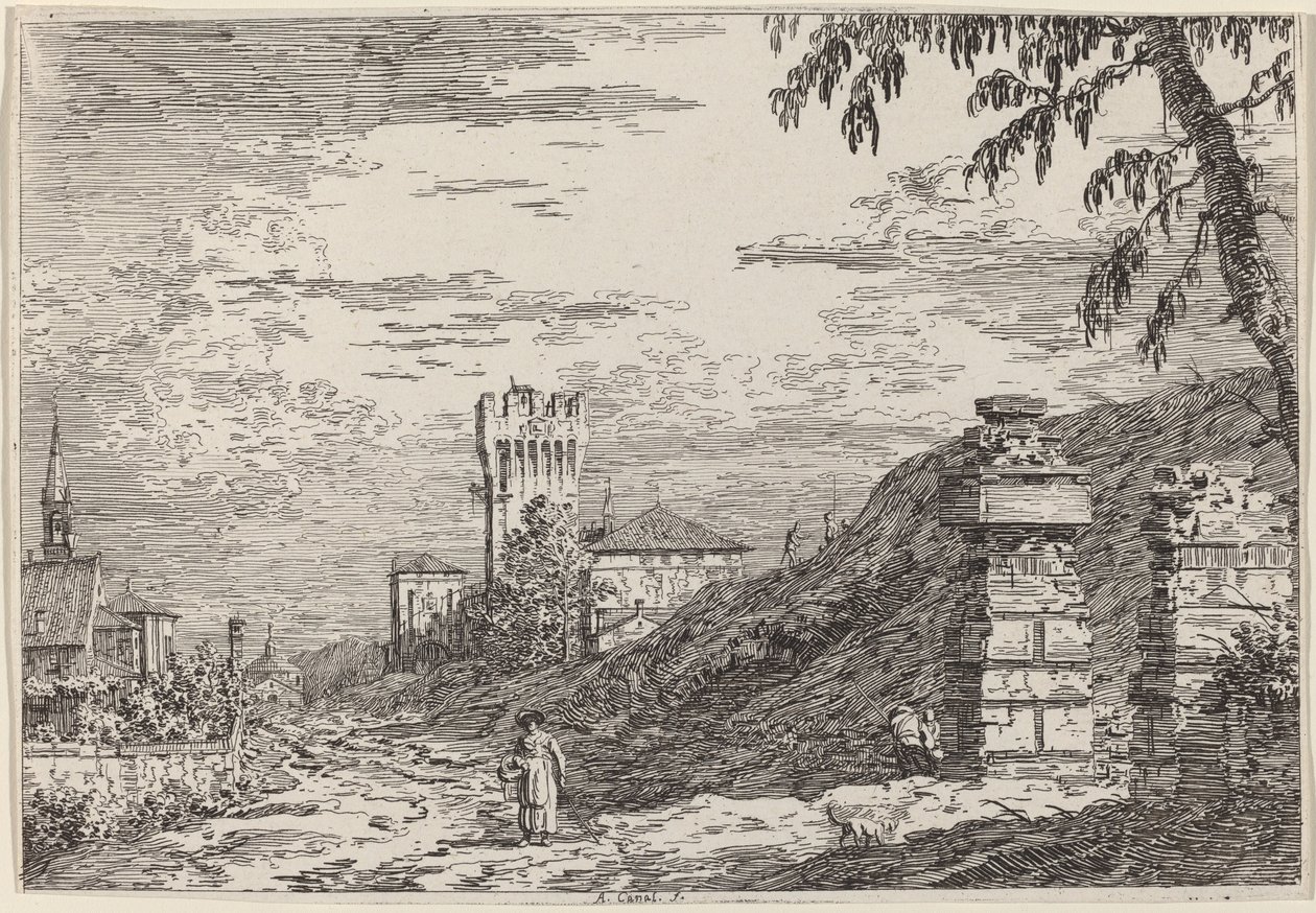 Landskap med tårn og to ødelagte søyler, ca. 17351746. av Canaletto