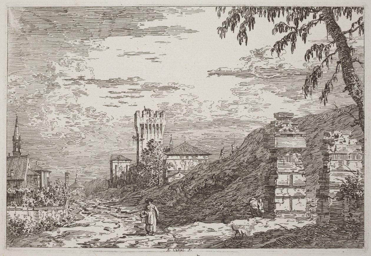 Landskap med tårn og to ødelagte søyler [til venstre] av Canaletto